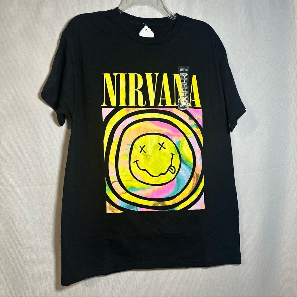 NIRVANA Black Tee with Yellow and Pink Graphic